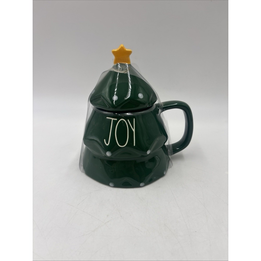 Rae Dunn Joy Christmas Tree Mug With Lid Green JOY NWT Sealed
